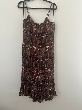 Scarlett Paisley Slip Mini Dress Womens Size 5/6 Brown Red Boho Ruffle Casual